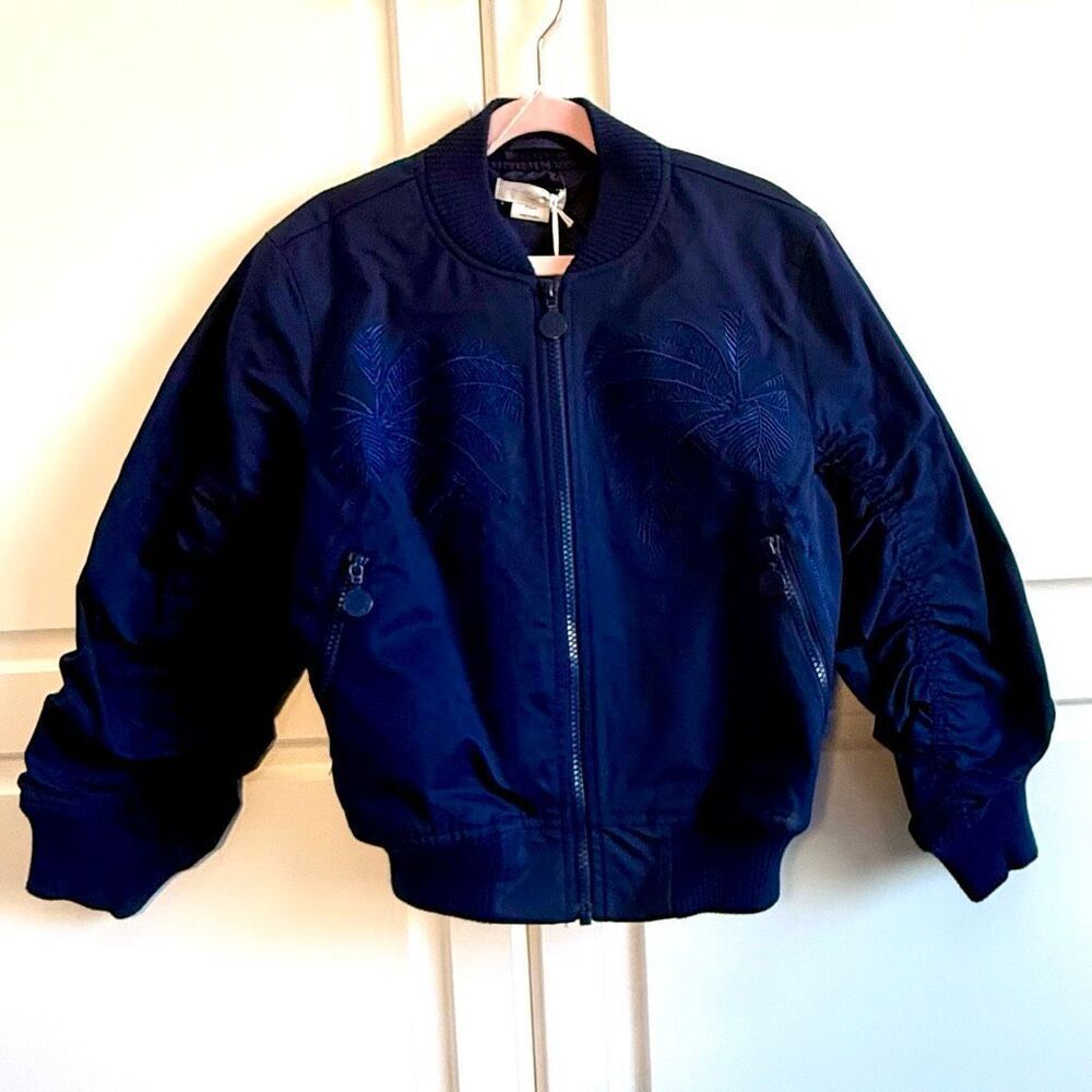 NWT Stella McCartney Girls Blue Embroidered Palm Tree Bomber Jacket in Navy blue